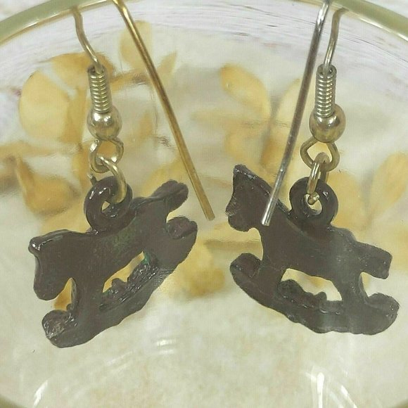 Vintage Rocking Horse Earrings Jewelry Black Steed Toy Red Saddle Dangle Earring - Picture 6 of 8